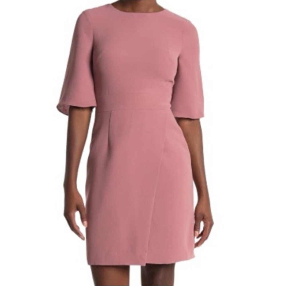 REISS Myra Cross Wrap Front Quarter Sleeve Jewel Neck Woven Dress, Pink, Size 8
